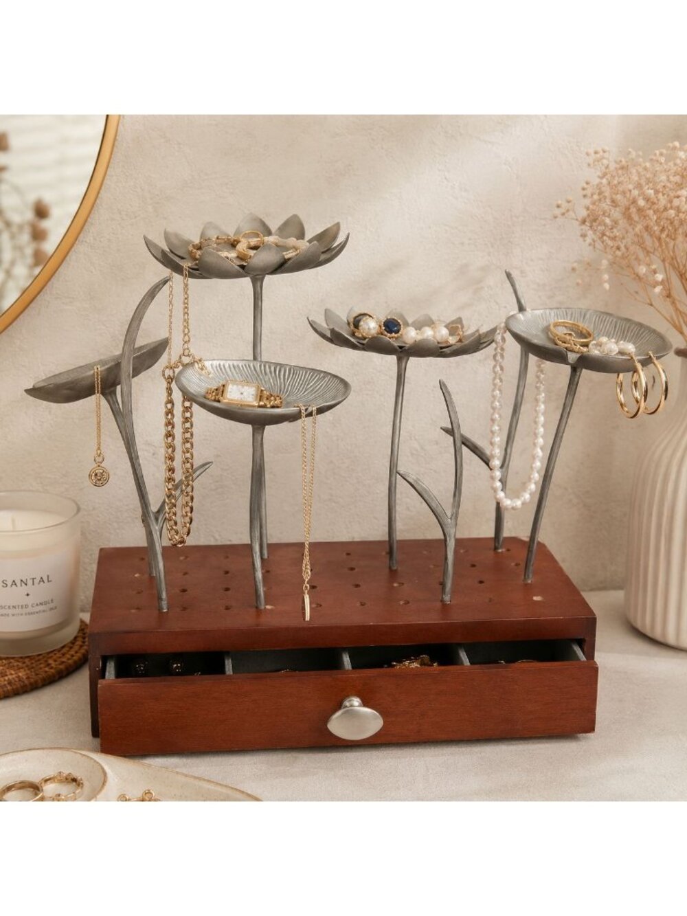 Red Envelope Deluxe Sculpted Jewelry Tree Box Display Wood Pewter Flowers Lotus